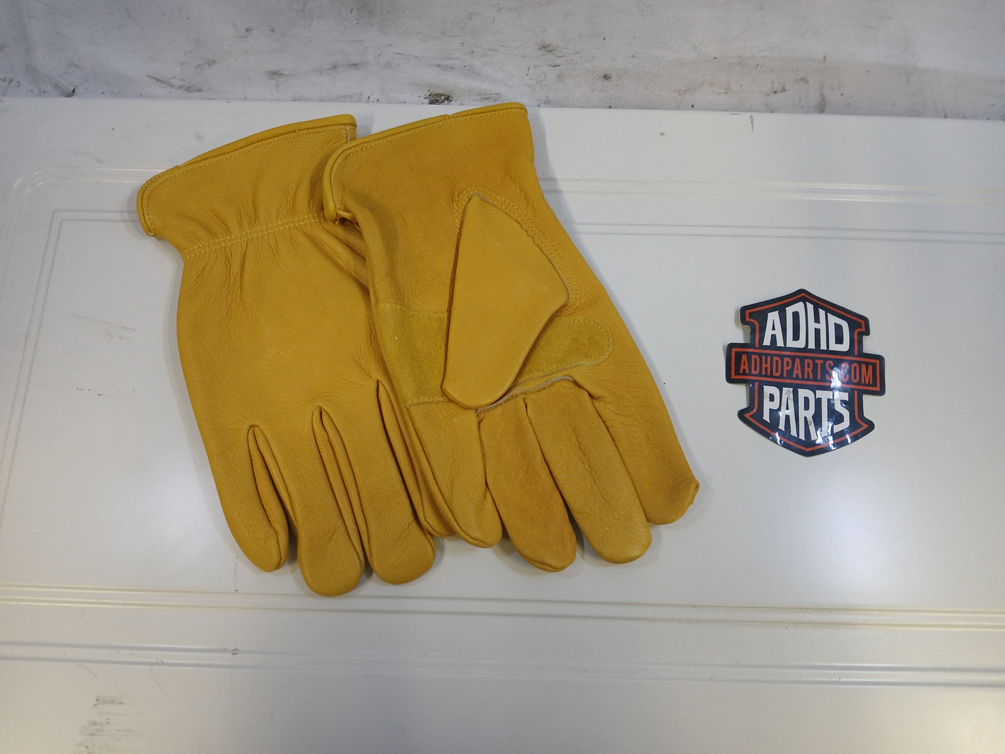 Kjørehansker/arb.hansker, i mykt skinn. Gule.